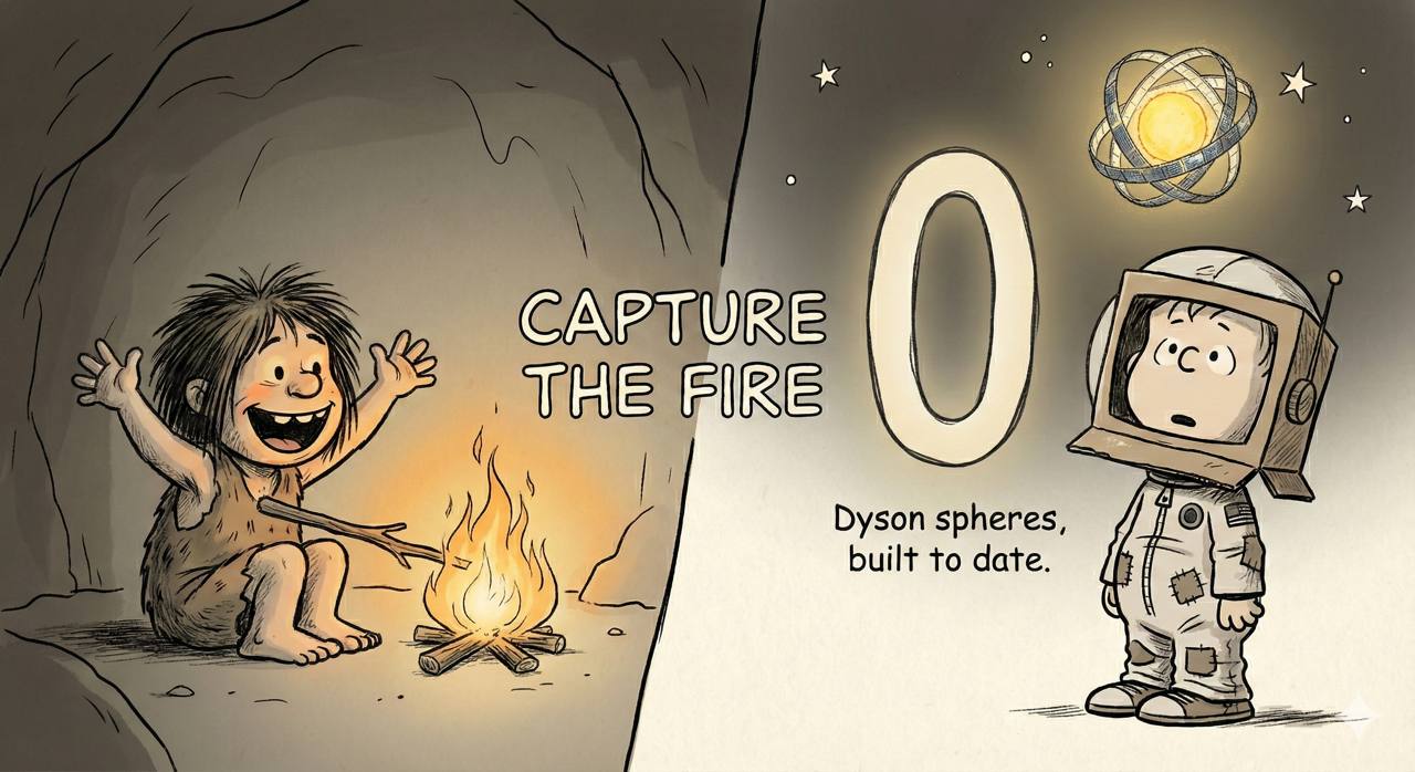 Capture the Fire — From caveman's campfire to a Dyson sphere. 0 Dyson spheres, built to date.